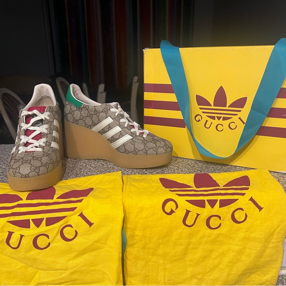 Gucci/Adidas Collab, Beige and White Wedge Sneakers size 11, Authentic